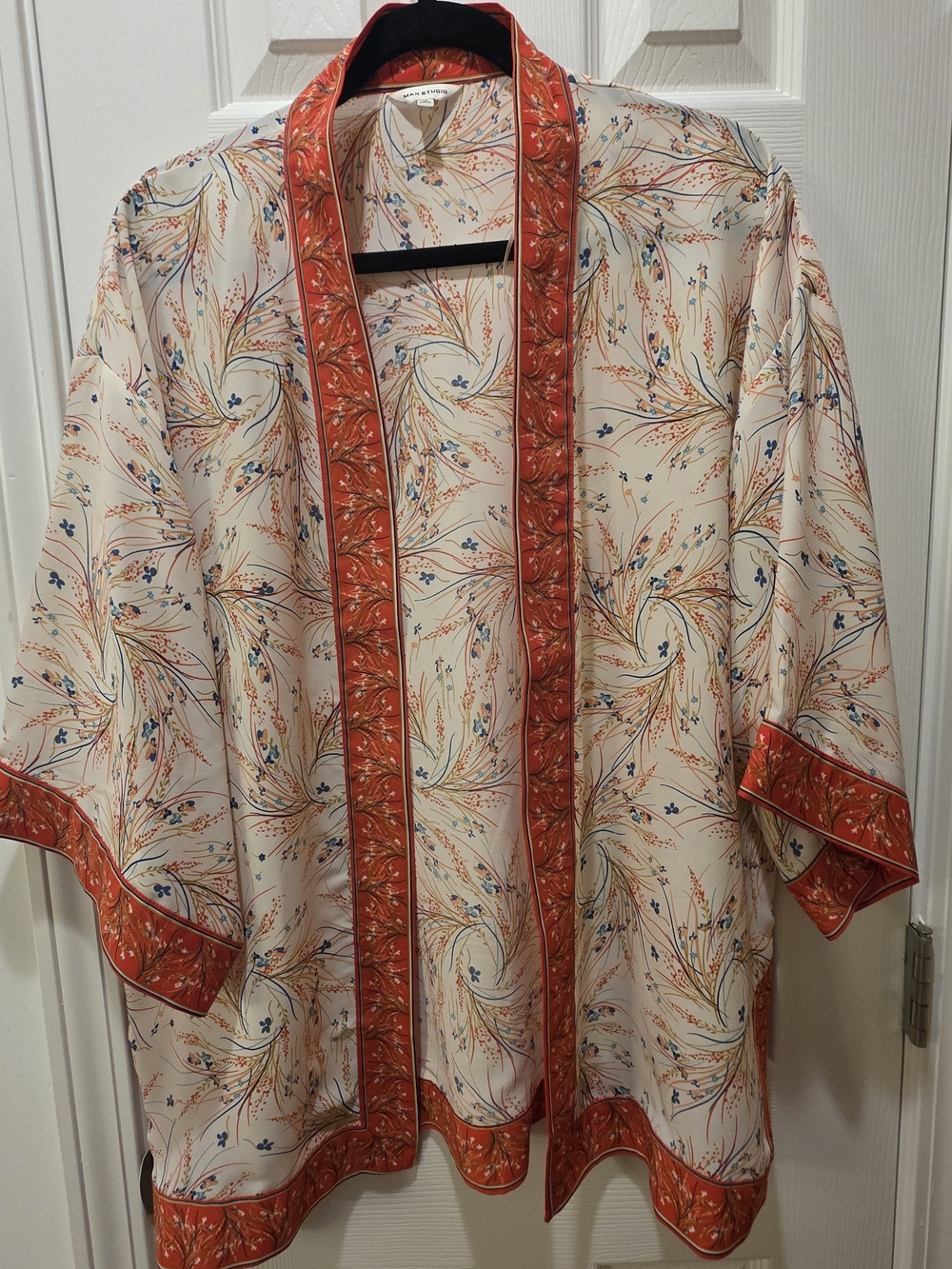 Max Studio Orange and White Floral Kimono with Red Trim